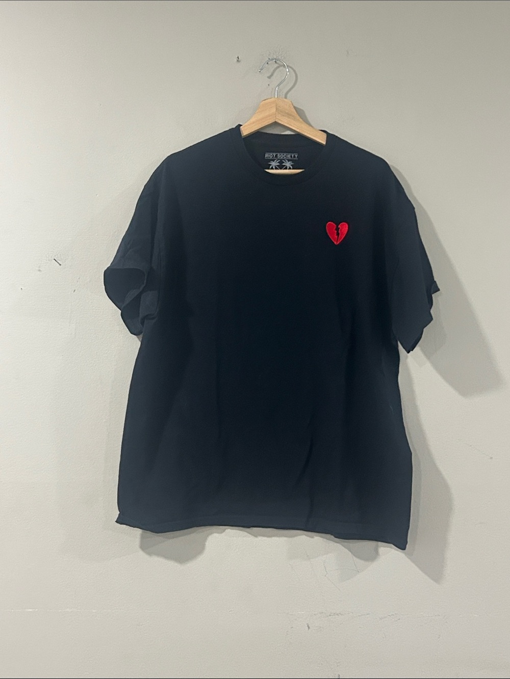 riot society Black Tee with Red Broken Heart Chest Patch
